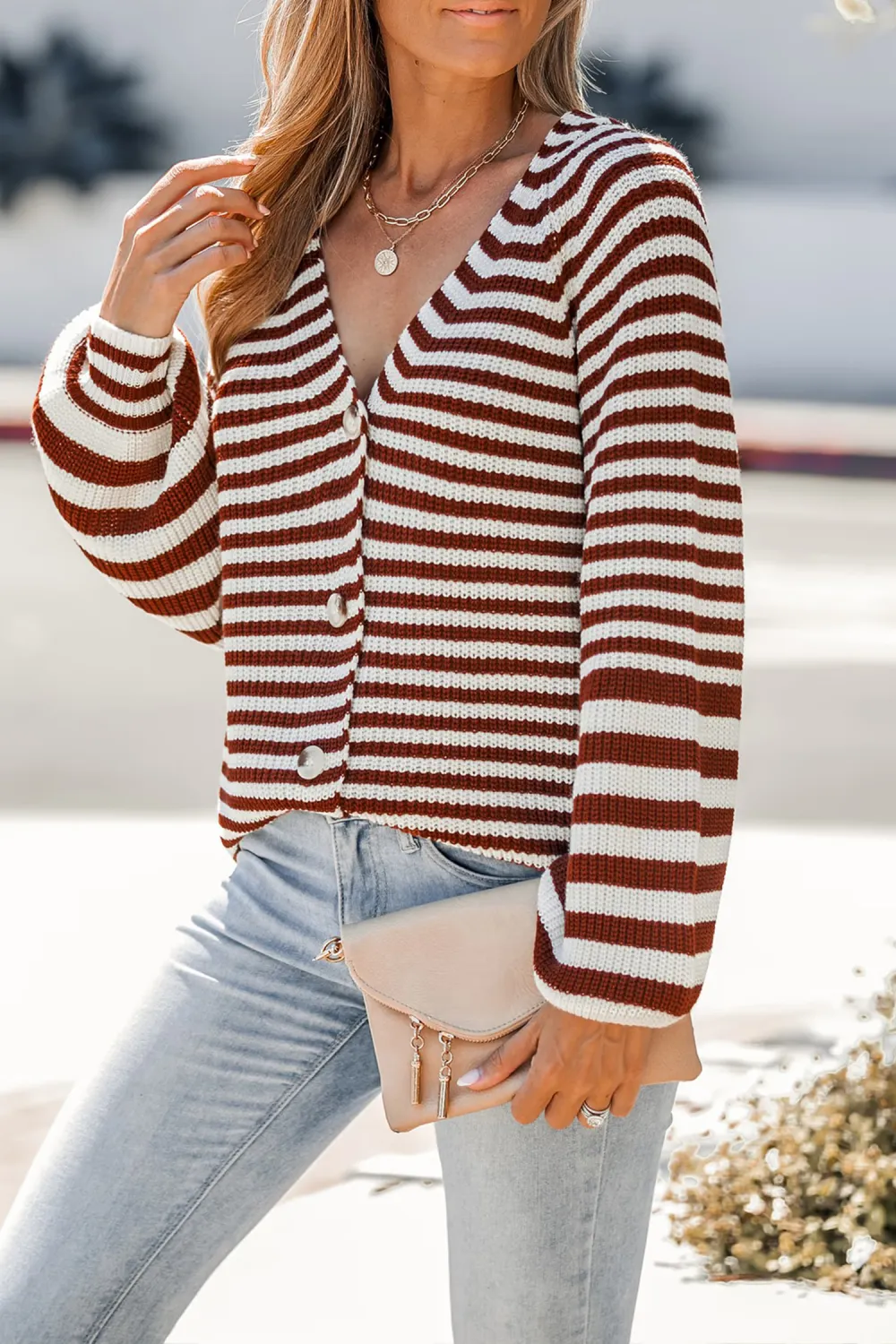 Striped V-Neck Buttoned Cardigan