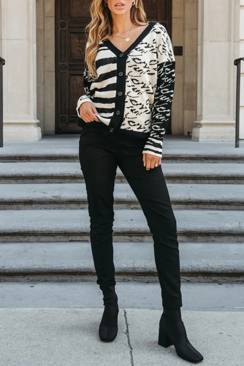 Striped Leopard Print V-Neck Cardigan