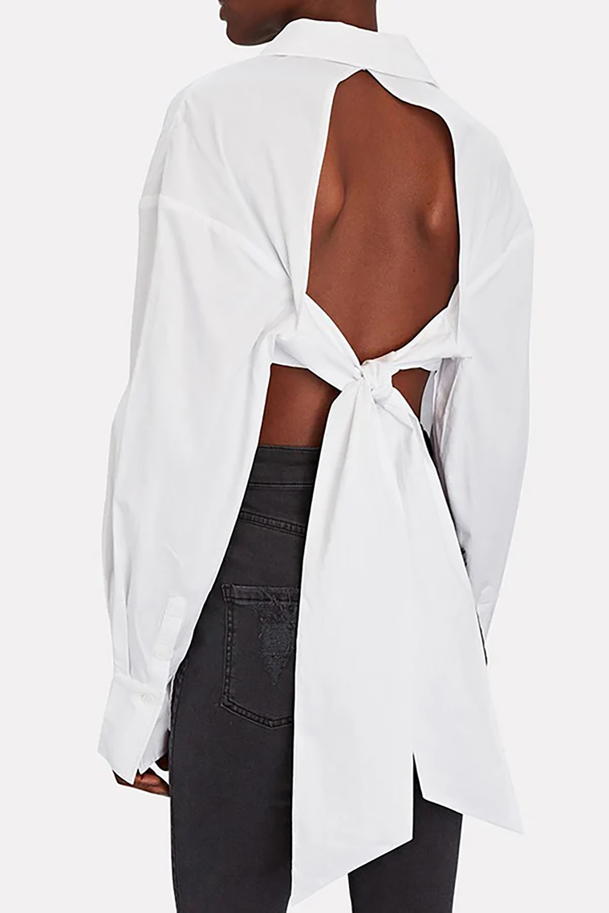 Sexy Bow Tie Trim Cutout Back Long Sleeve Collared Button Down Shirt