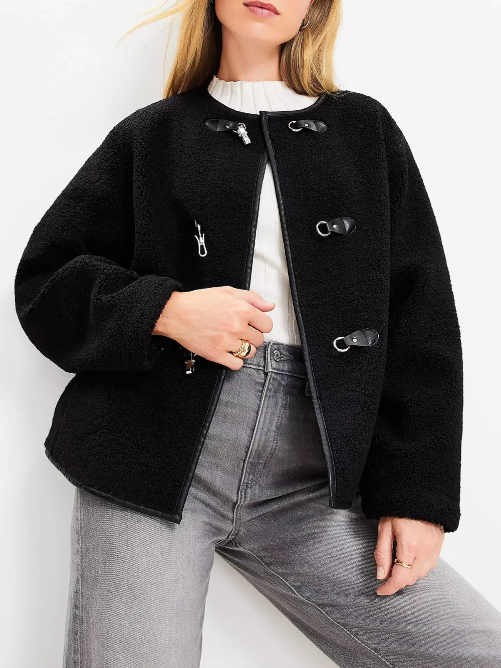 Faux Leather Trim Shearling Toggle Jacket