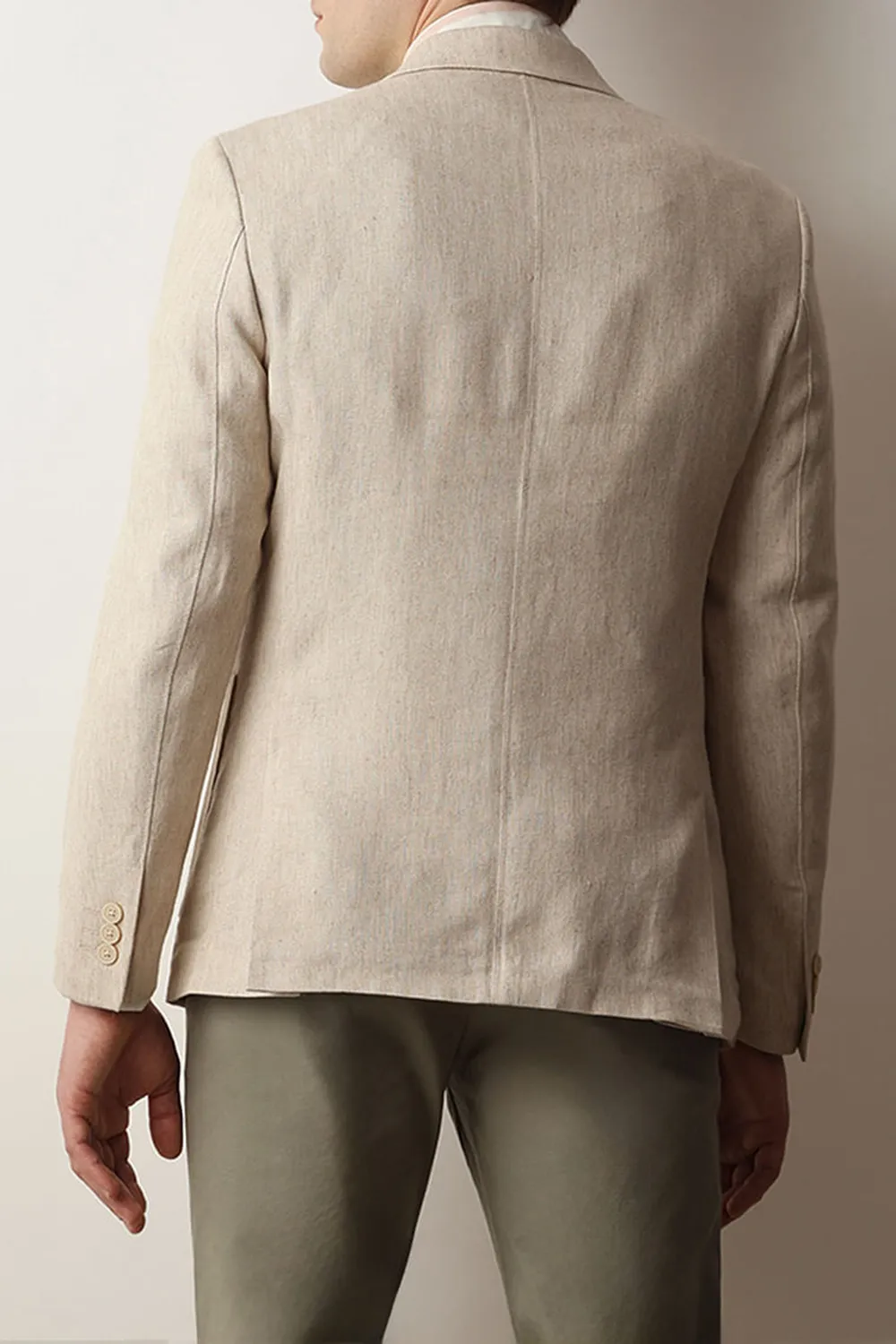 Beige Textured Linen Casual Blazer