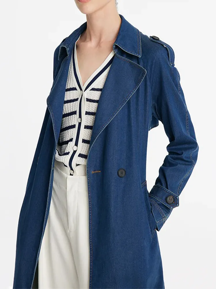 Denim Lapel Women Trench Coat With Belt