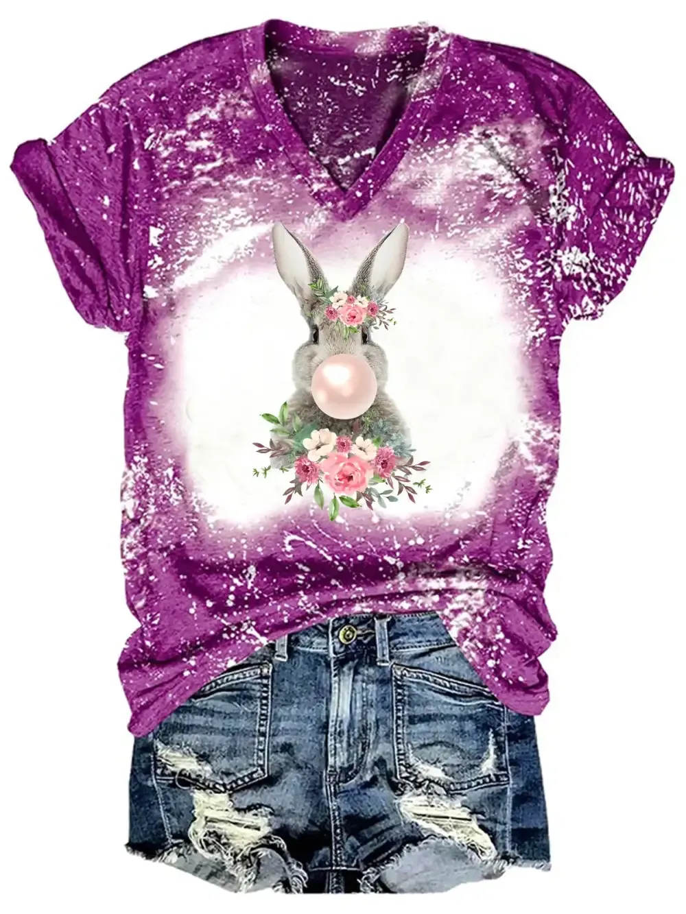 Bunny Chewing Bubble Gum Bleaching V Neck T-shirt