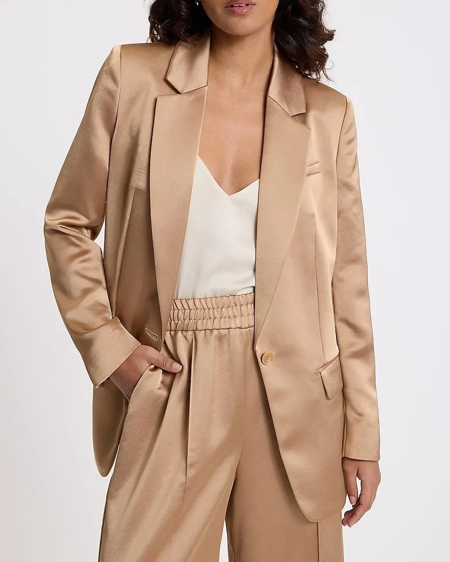 Satin One Button Cinched Boyfriend Blazer + Satin Pintuck Pull On Trousers