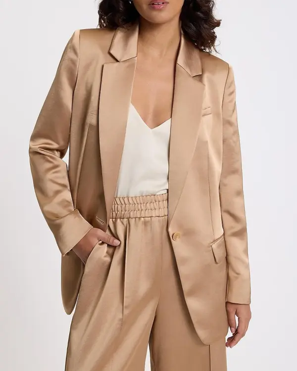 Satin One Button Cinched Boyfriend Blazer + Satin Pintuck Pull On Trousers