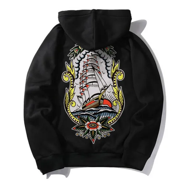 Sailing Vessel Floral Print Streetwear Black Hoodie