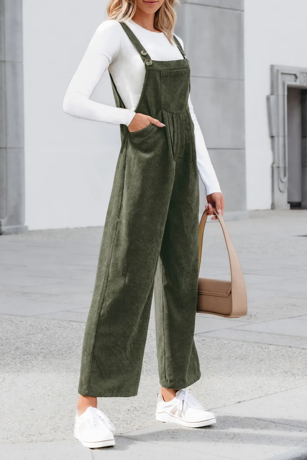 Green Corduroy Square Neck Jumpsuit