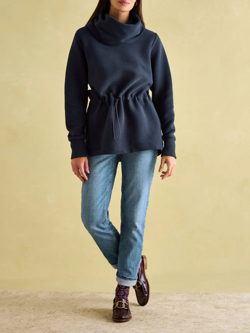 Adjustable Waist Willow Navy Cowl Neck Sweatshirt