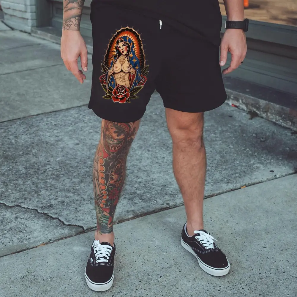 Virgin Mary Print Sports Casual Men's Loose Shorts
