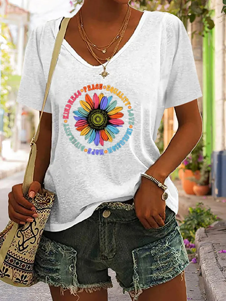 T-Shirt Kindness Peace Equality Love Hope Diversity Human Rights Black Floral Sunflower Pattern T-Shirt