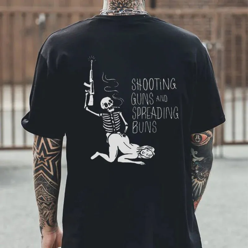 Shooting Guns And Spreading Buns Skull Printed Casual Men's T-shirt