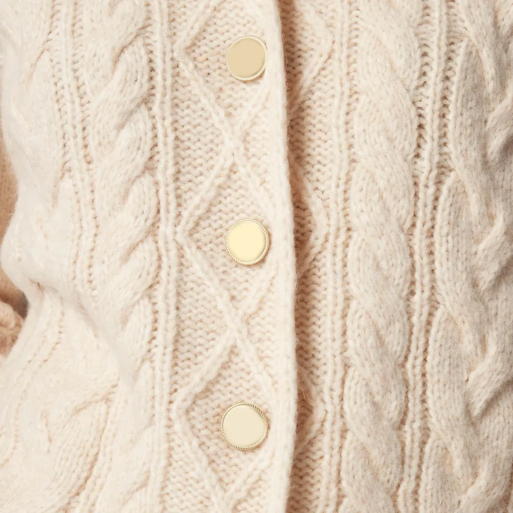 Cable-knit turtleneck cardigan sweater