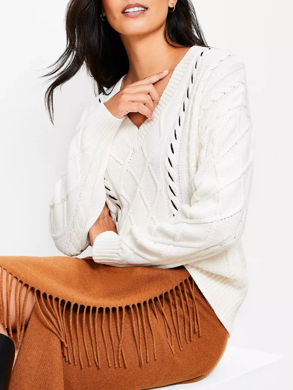 Stitched V-Neck Cable Sweater