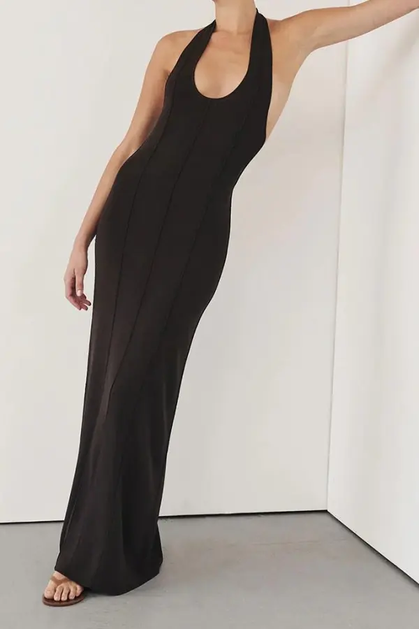 LISS BITTER CHOC HALTER KNIT MAXI DRESS