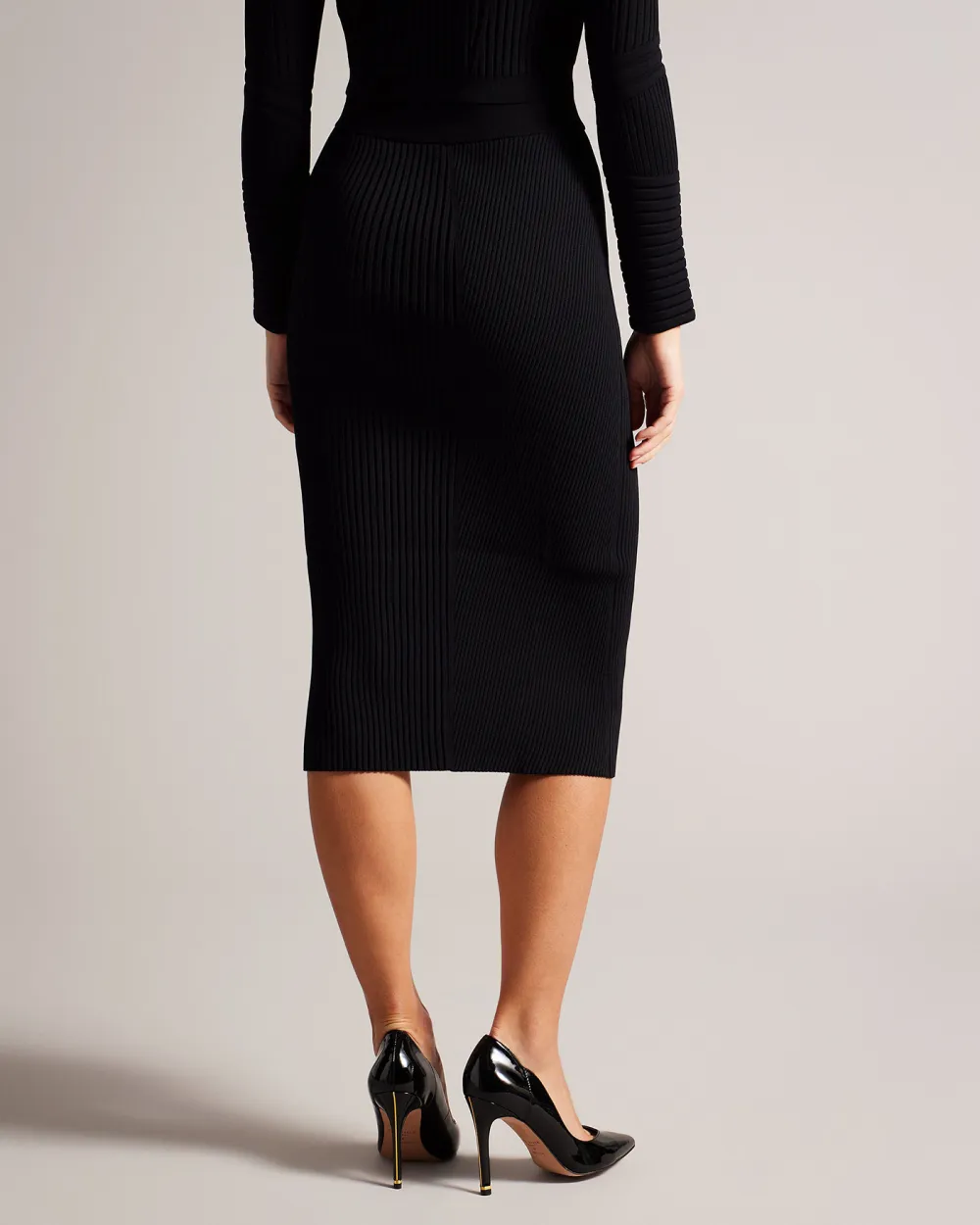 Betylou Ribbed Knit Midi Pencil Skirt Black