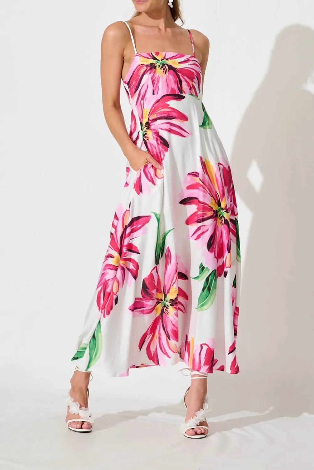 White Based Floral Print Slip Maxi Dress