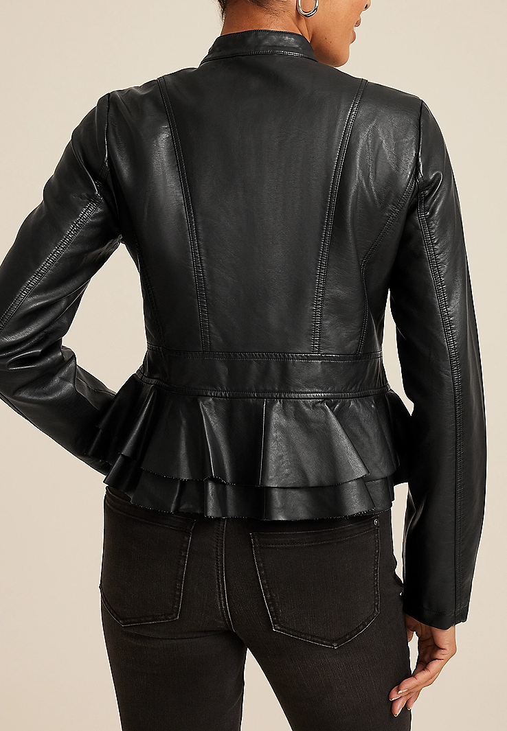 Black Faux Leather Ruffle Hem Jacket