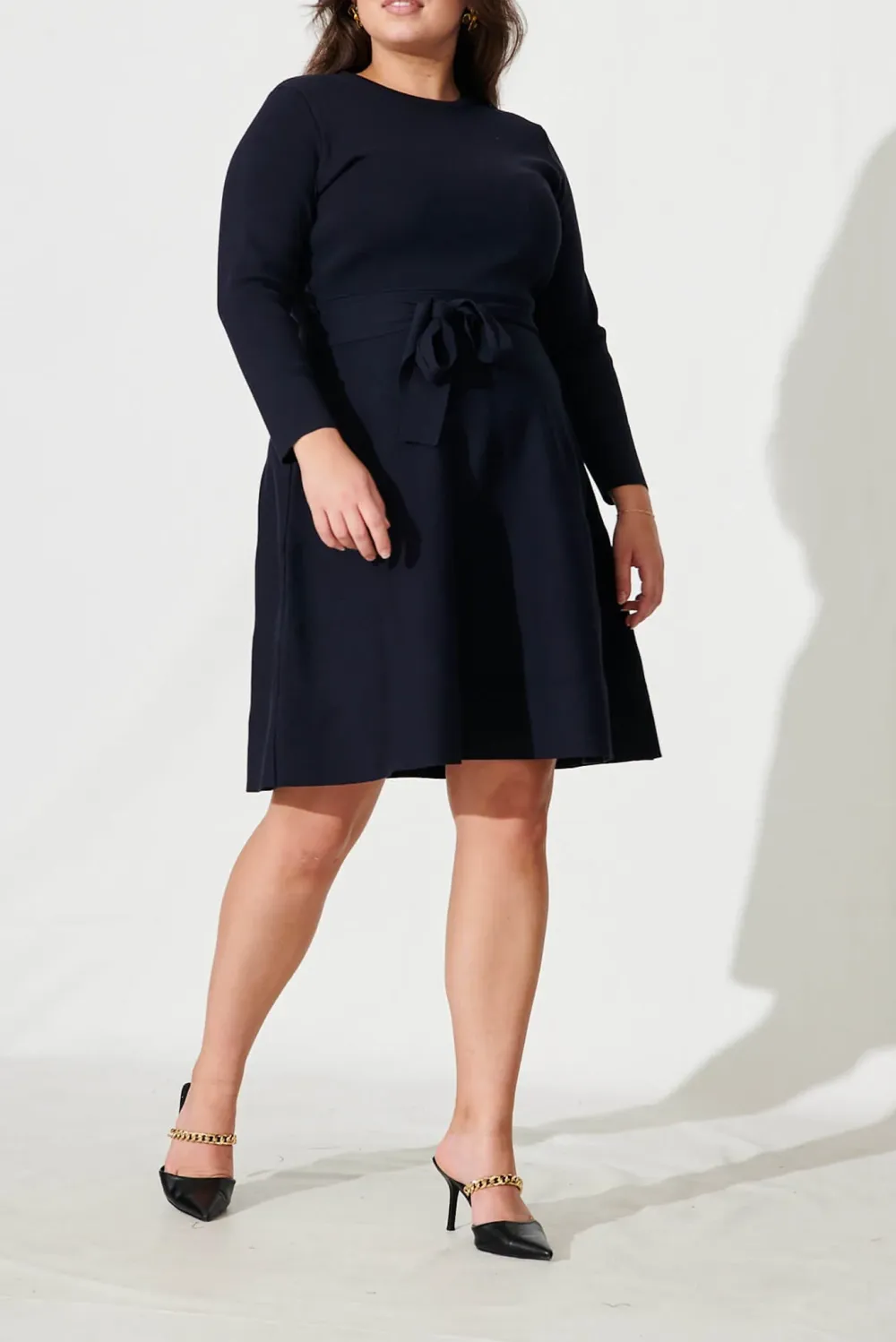Navy Blue Belted Knitted Dress