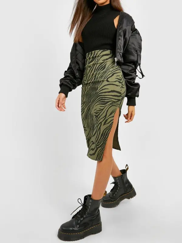 KHAKI ZEBRA PRINT RIB SIDE SPLIT MIDI SKIRT