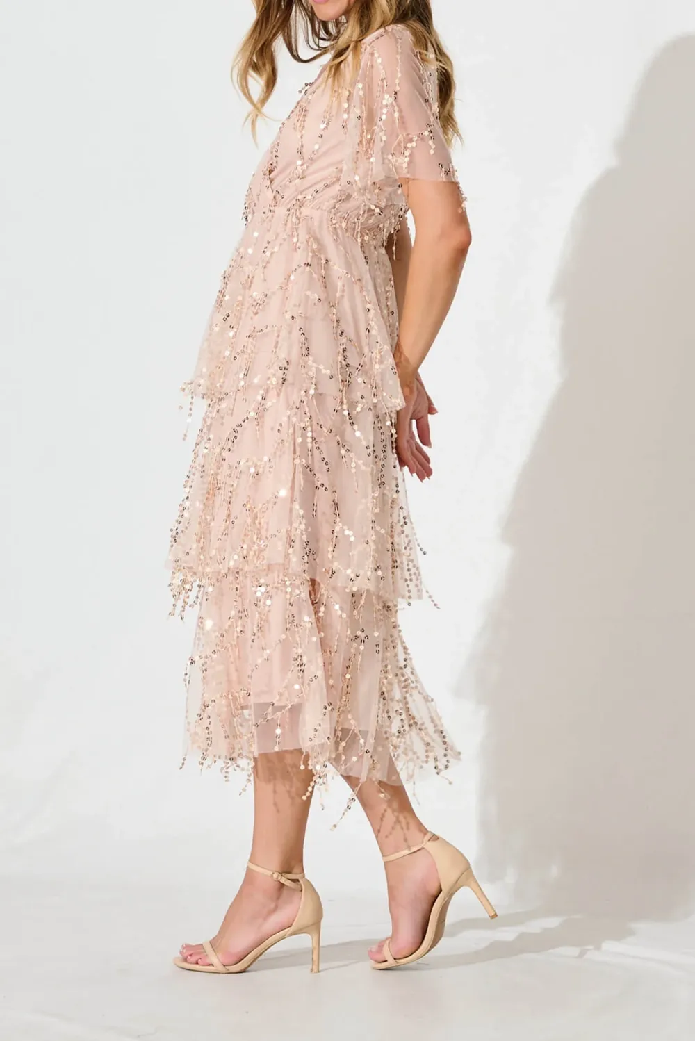 Light Pink Beaded Tiered Midi Dress