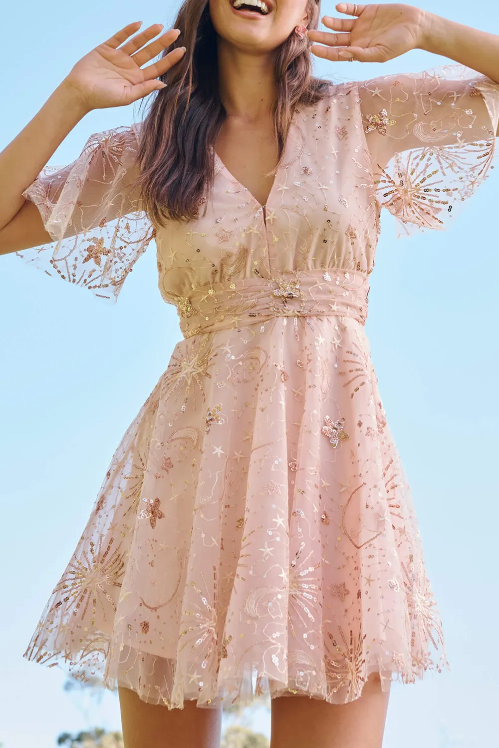 Pink Sequin Embroidered Mini Dress