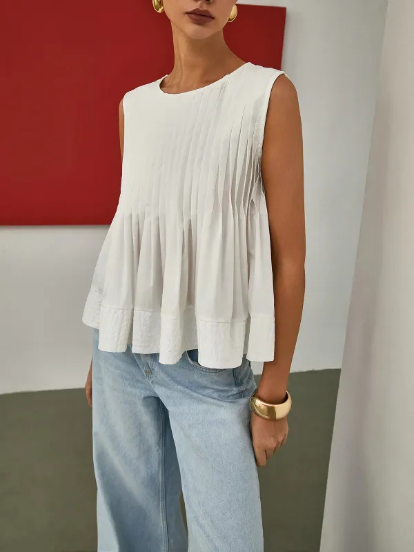 Pleated Crew Neck Sleeveless Blouse
