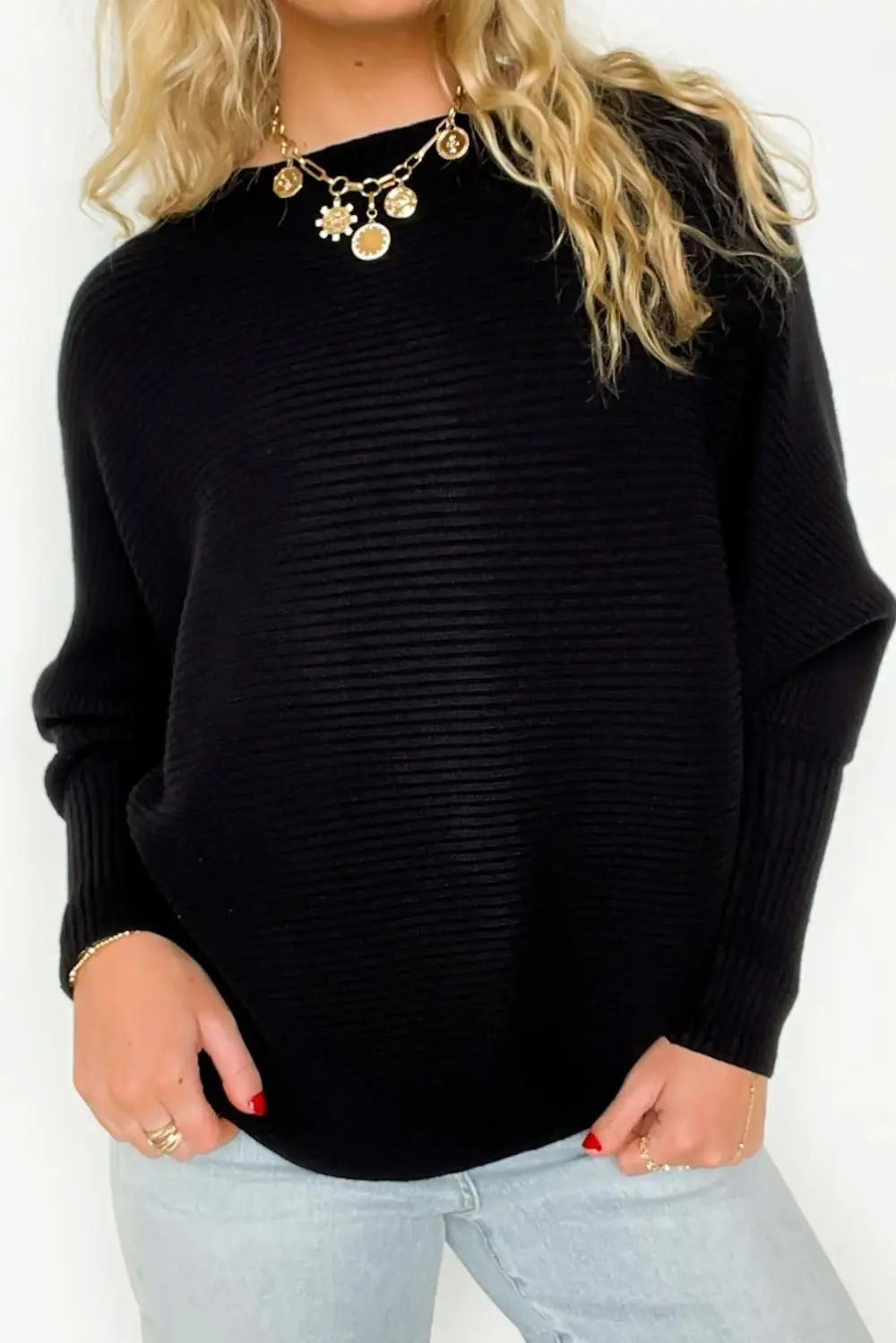 Ribbed Boat Neck Knit Sweater