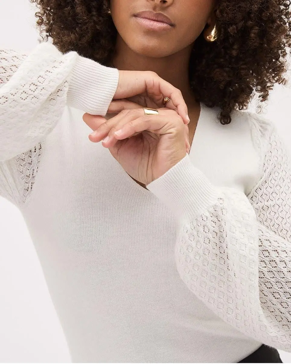 Long-Puffy-Sleeve V-Neck Sweater with Pointelle Stitches