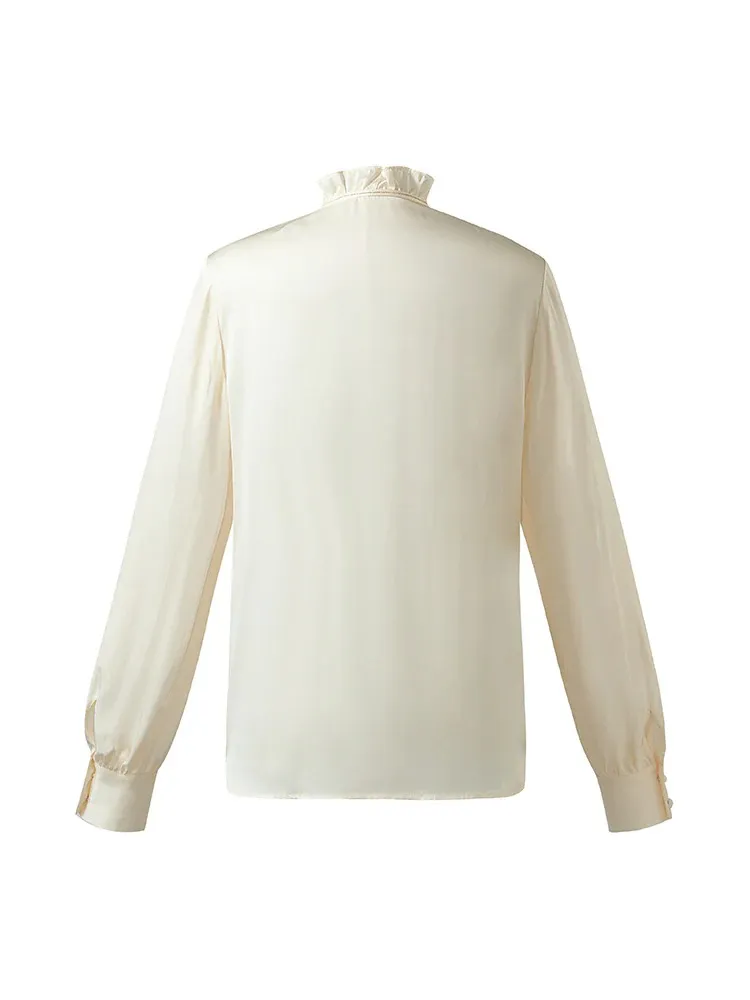 Women's white silk ruffle collar shirt