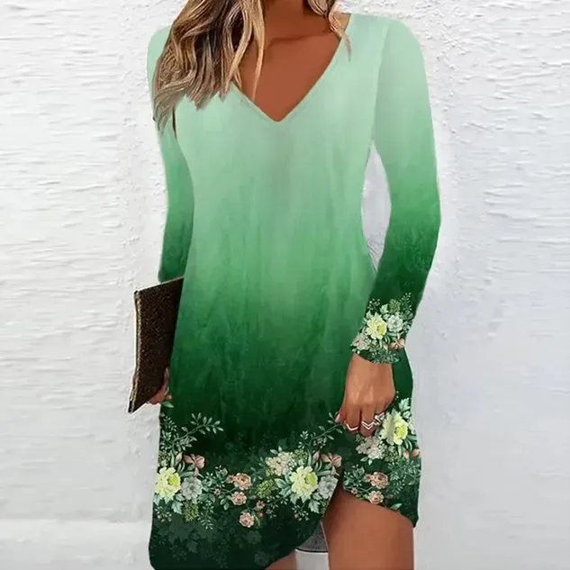 Women Floral V Neck Long Sleeve Comfy Casual Short Dress