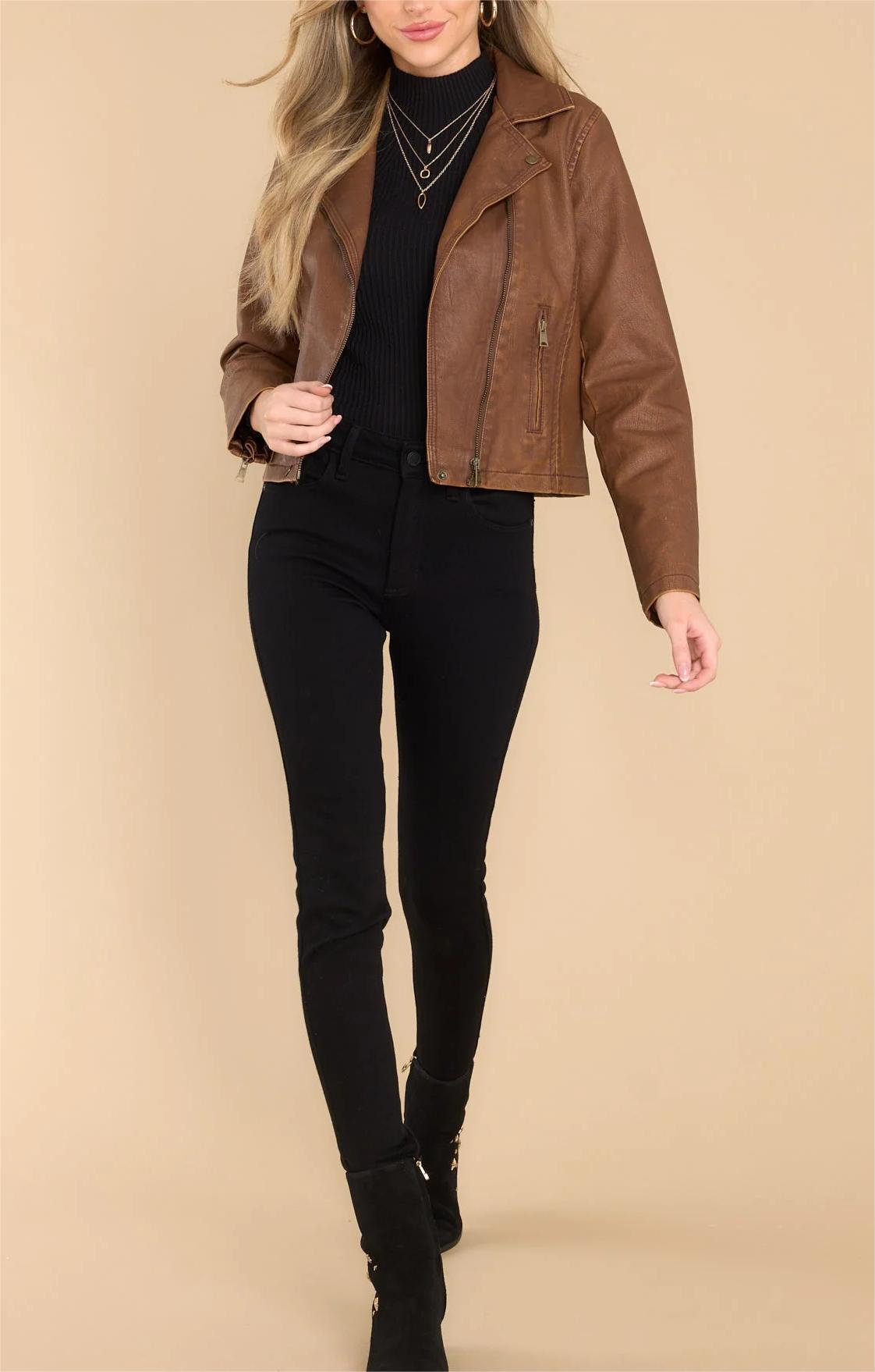 LETS RIDE BROWN FAUX LEATHER MOTO JACKET