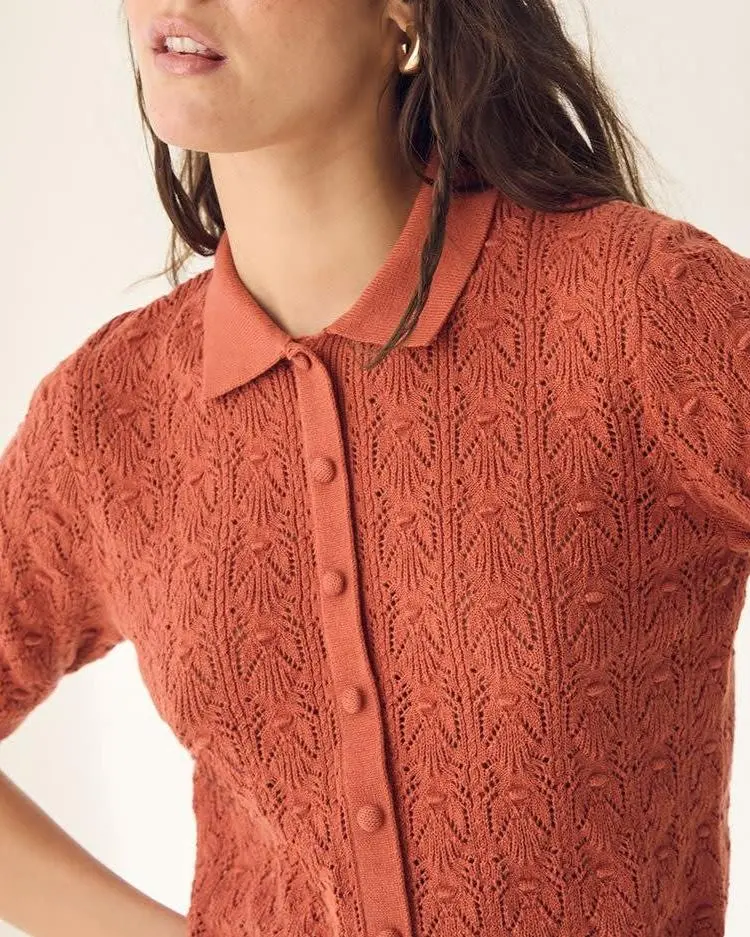 Short-Sleeve Buttoned-Down Crochet Top with Shirt Collar