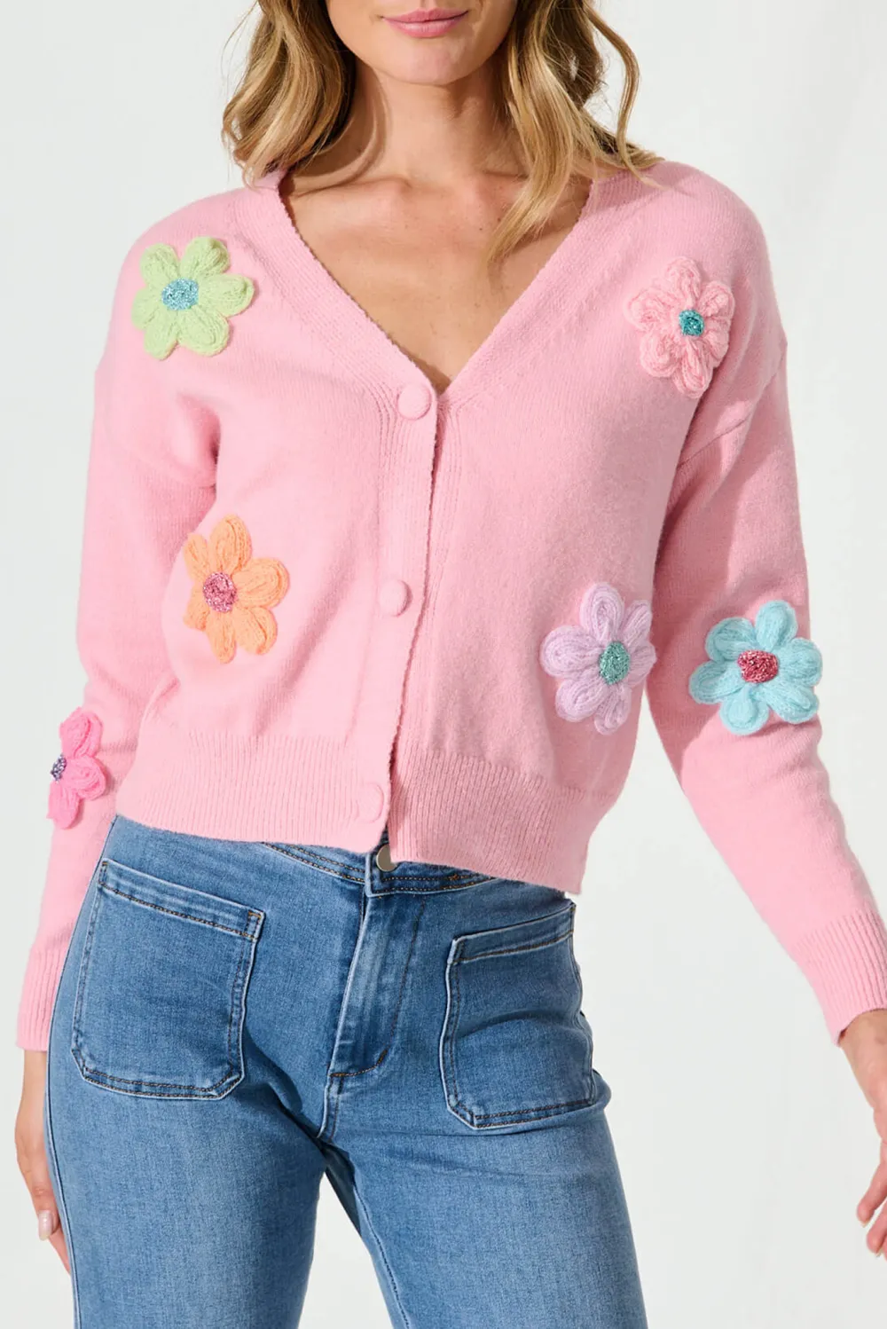 Pink Flower Embroidered V Neck Cardigan