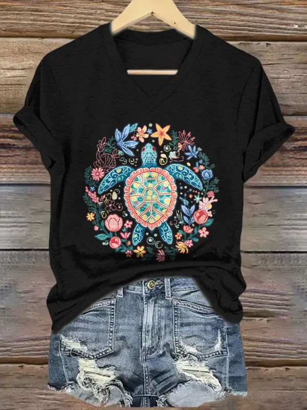 Women's Summer Vibes Short Sleeves V-Neck Pure Cotton T-Shirt