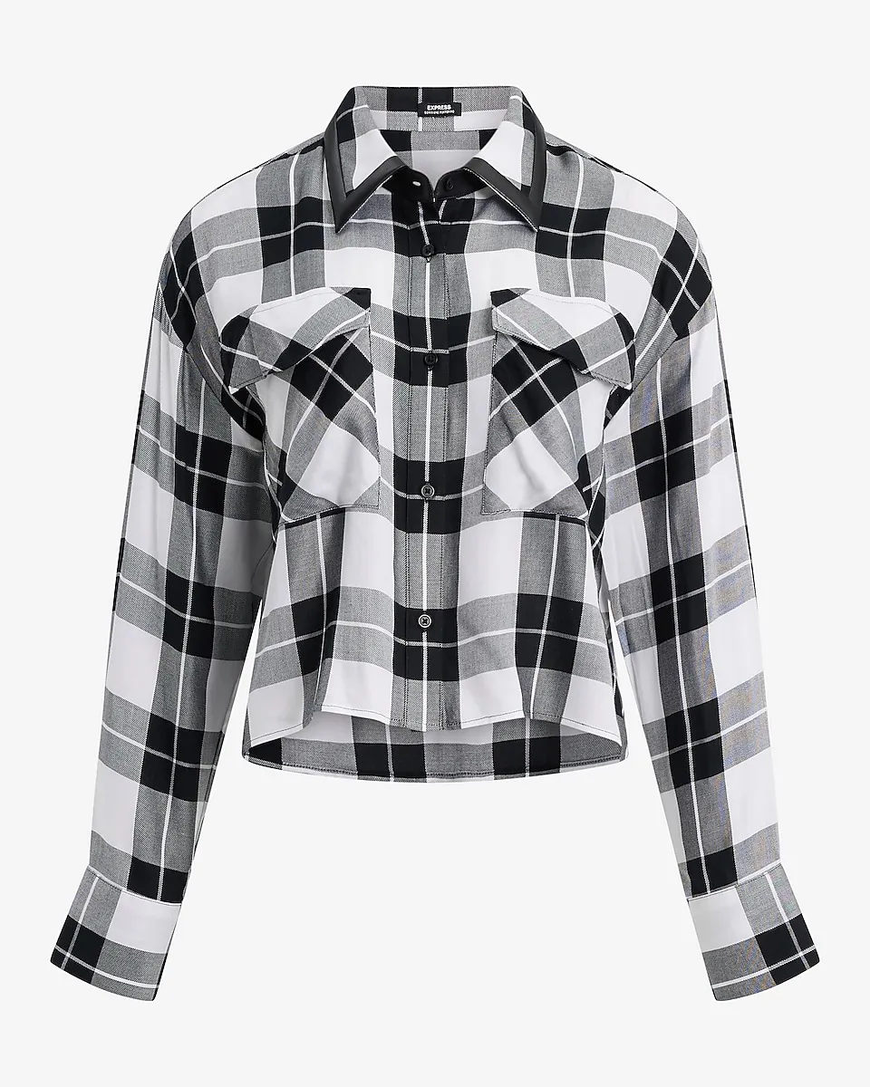 Plaid Faux Leather Trim Cropped Portofino Shirt