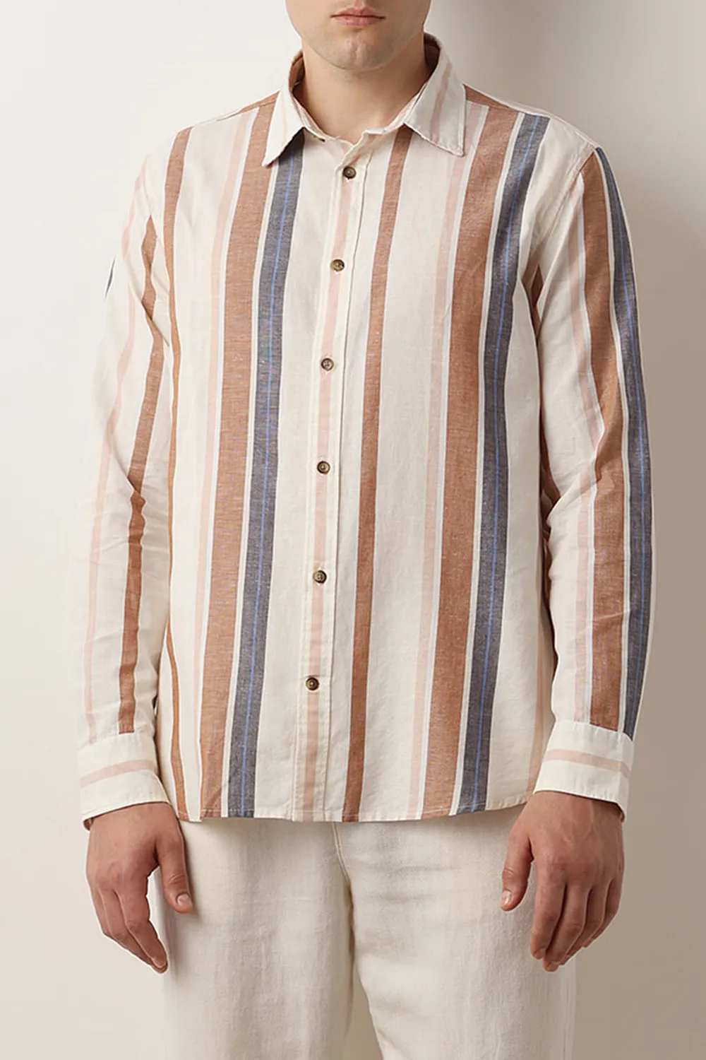 Beige Striped Linen Full Sleeves Shirt