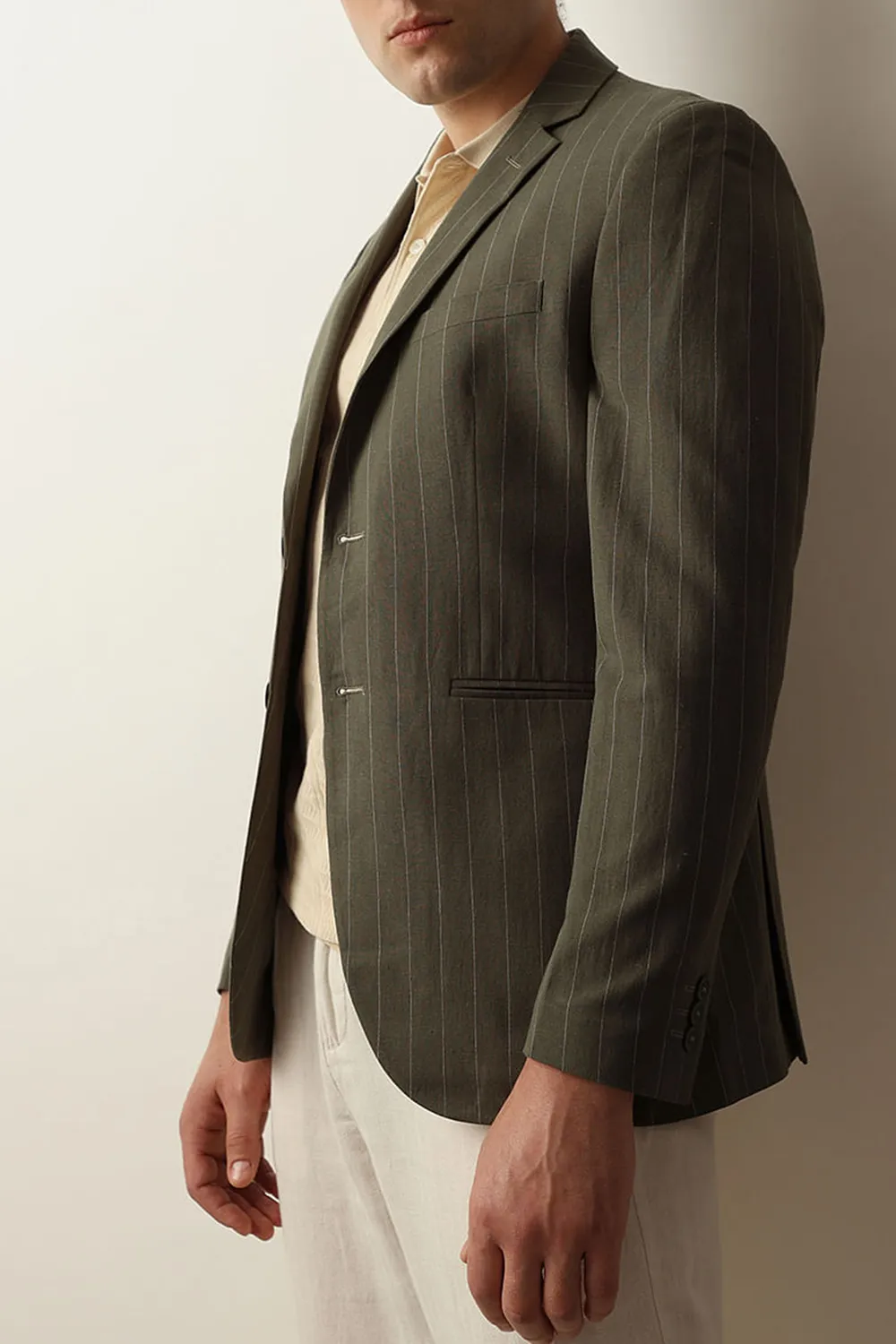 Green Striped Casual Blazer