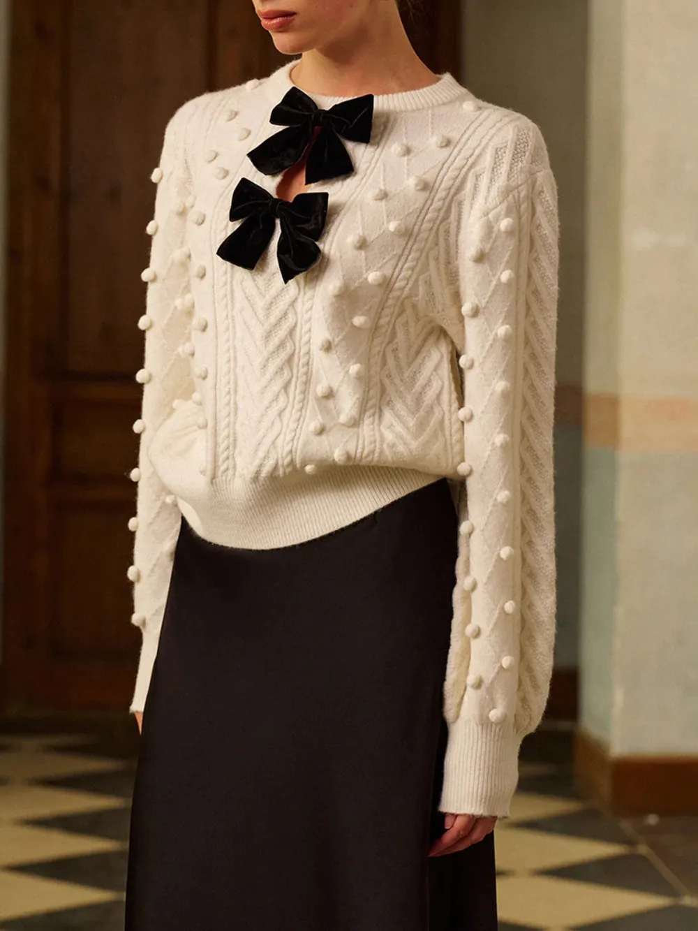 Bow-Decor Round Neck Lantern Sleeve Sweater
