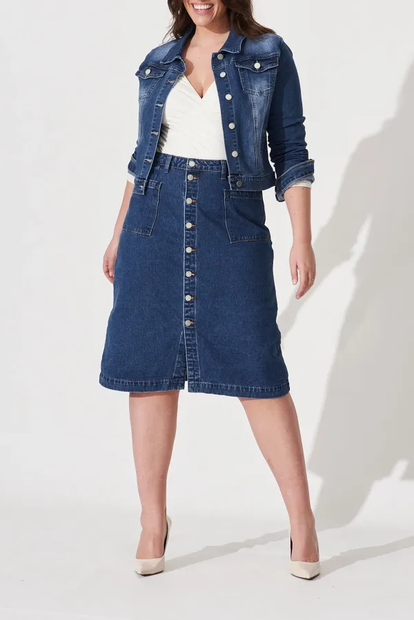 Blue Denim Button Front Midi Skirt