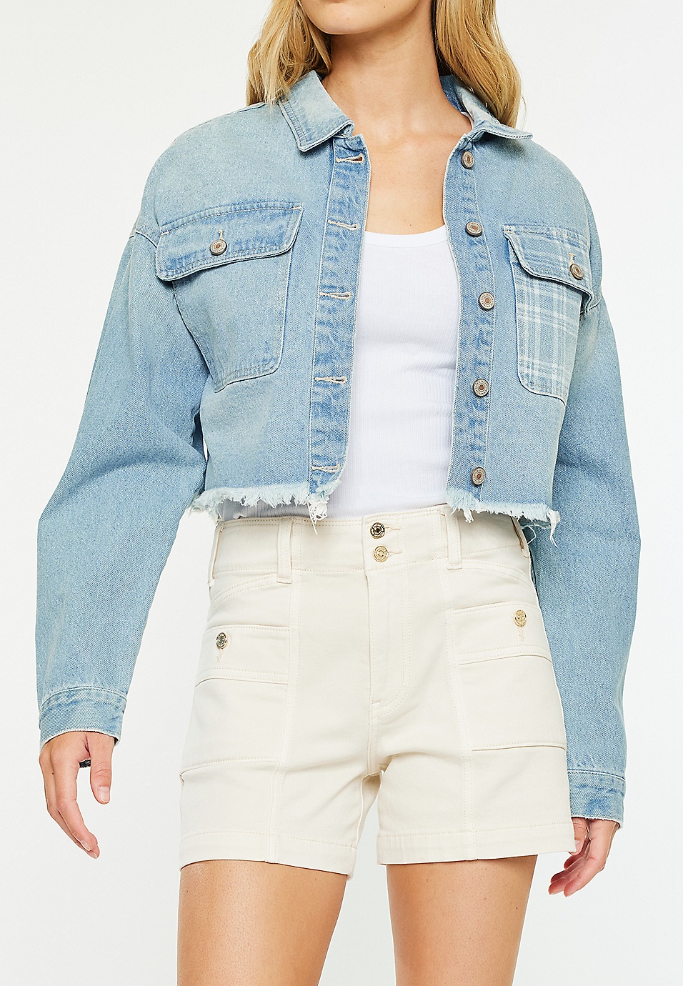 KanCan Rigid Plaid Drop Shoulder Crop Jacket