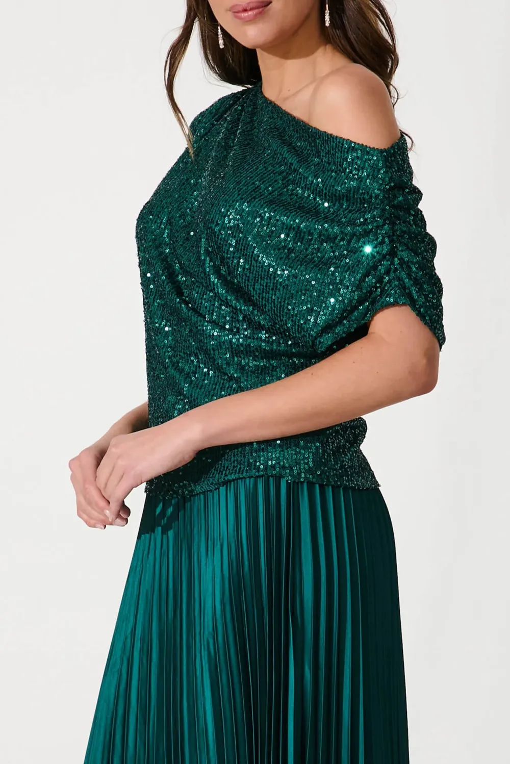 Dark Green Sequin One Shoulder Party Top