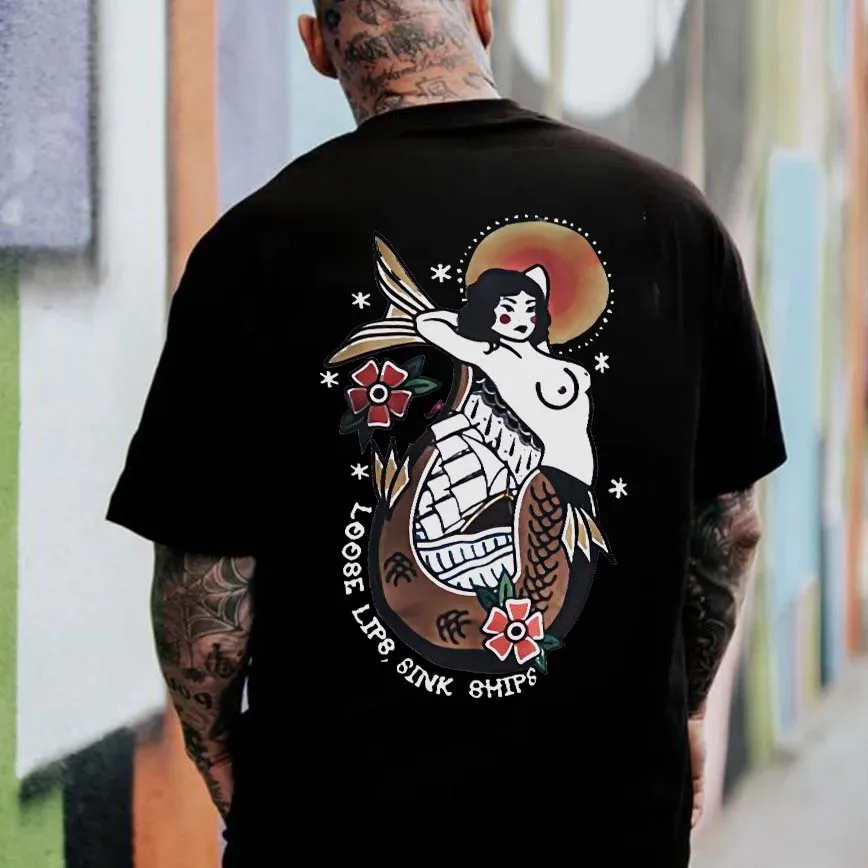 Loose Lips Sink Ships Vintage Mermaid Aailboat Print Men t-shirt