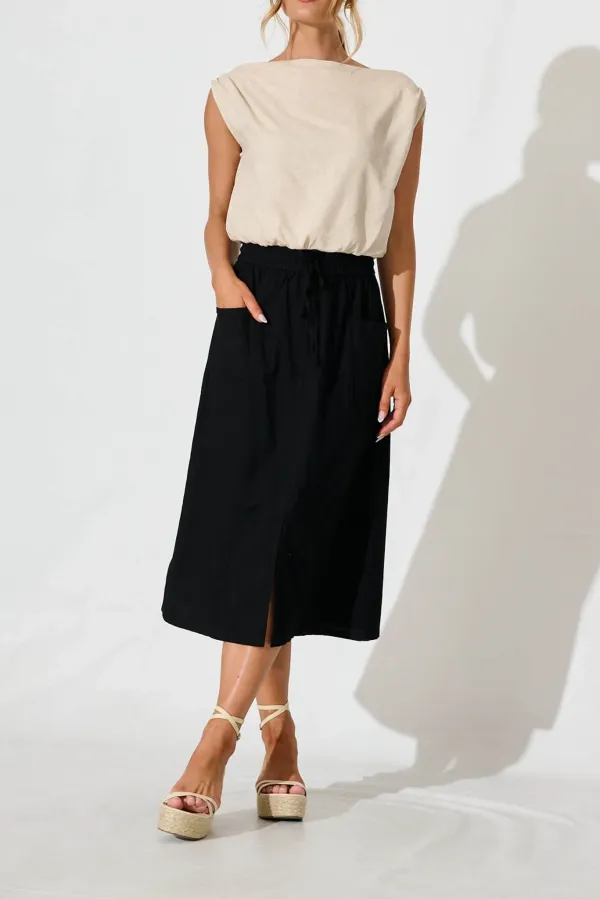 Black Elastic Waist Midi Skirt