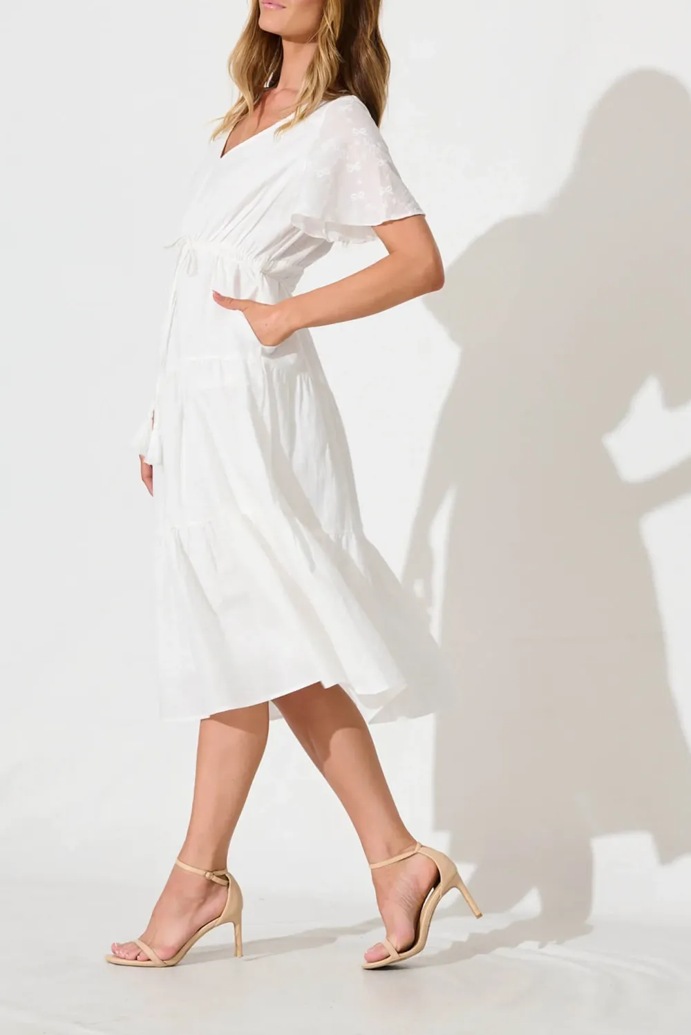 White Flutter Sleeve Tiered Midi Dress