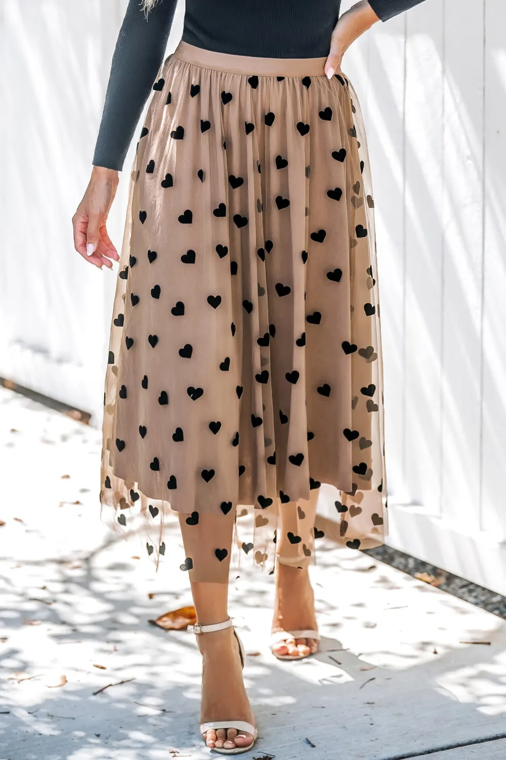 Heart Print Mesh Midi Skirt