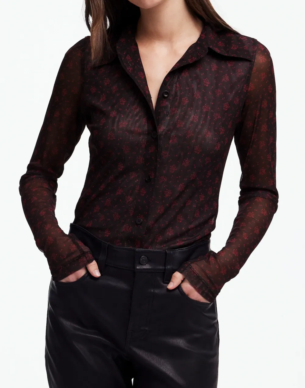 Long-Sleeve Button-Front Top in Floral Mesh