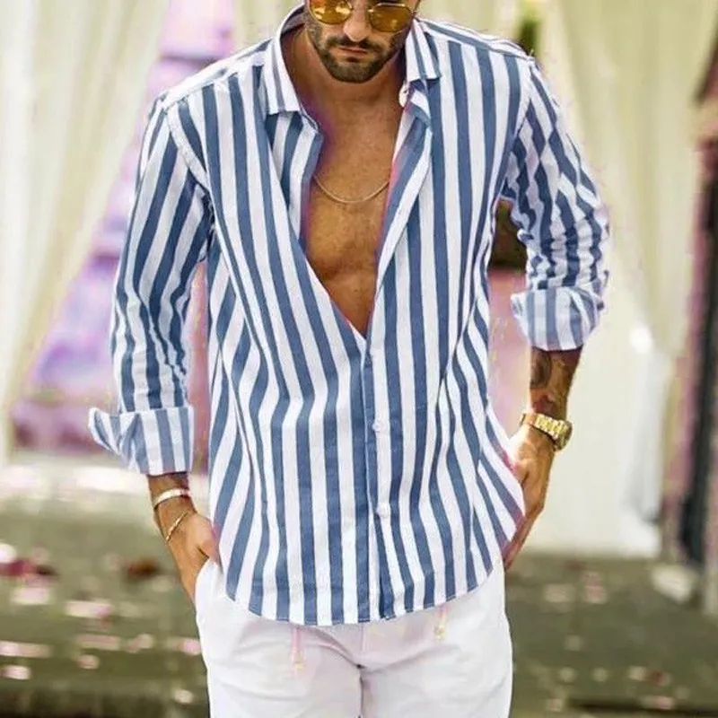 Men's Long-sleeved lapel striped shirt loose shirt