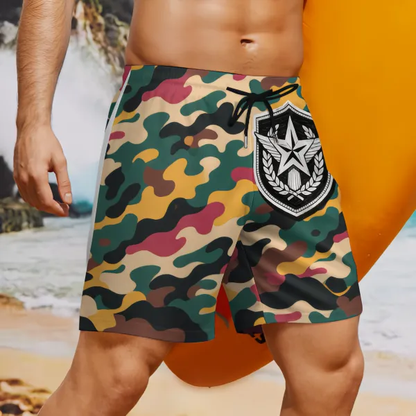 Colorful Camouflage Badge Print Sports Board Shorts