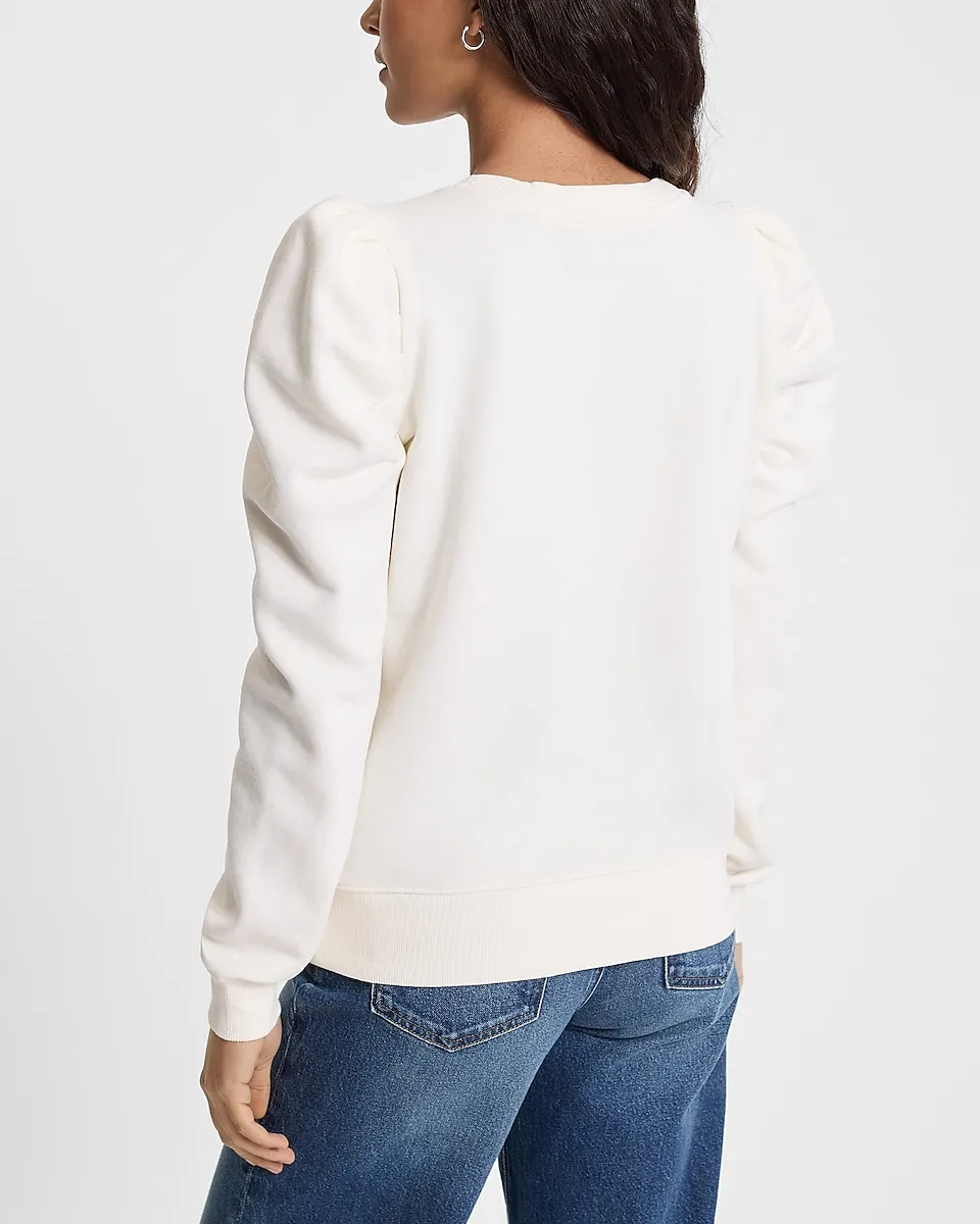 Embellished Bow Crew Neck Puff Sleeve Sweatshirt