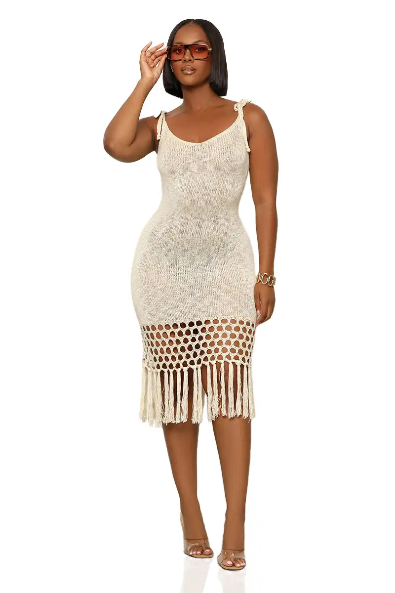 Into The Fringe Crochet Midi Dress (Tan)